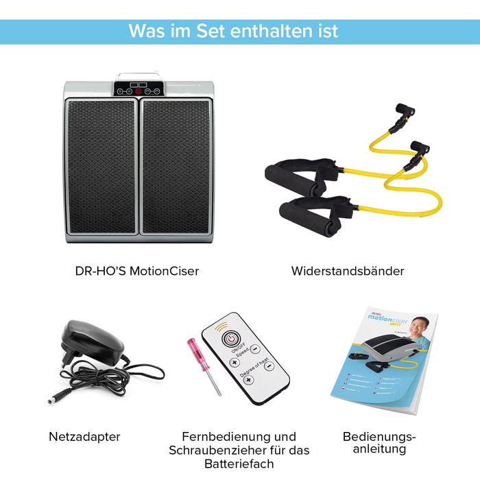 Lieferumfang des DR-HO'S MotionCiser Fit mit Gerät, Widerstandsbändern, Netzadapter, Fernbedienung und Anleitung