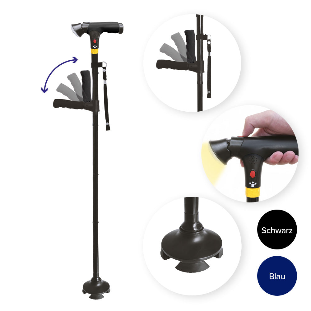 DR-HO'S Get Up & Go Gehstock mit faltbarem Schaft, LED-Licht, zweitem Handgriff und 4-Punkt-Standfuß