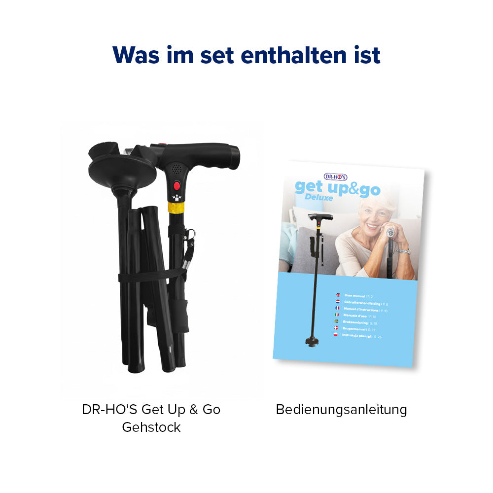 Lieferumfang des DR-HO'S Get Up & Go Gehstocks mit gefaltetem Gehstock und Bedienungsanleitung