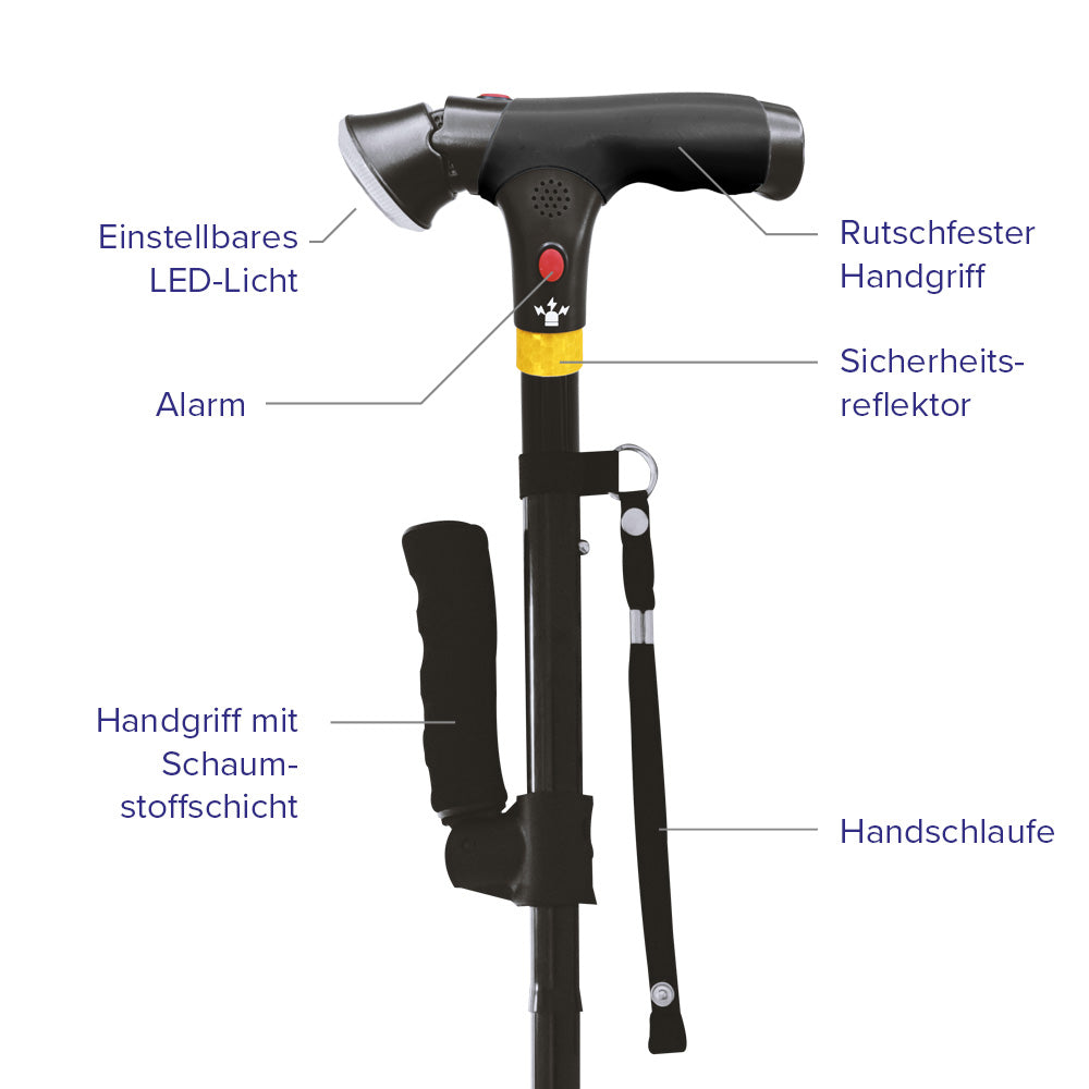 DR-HO'S Get Up & Go Gehstock mit LED-Licht, Alarm, rutschfestem Griff, Reflektor, Handschlaufe und zweitem Handgriff