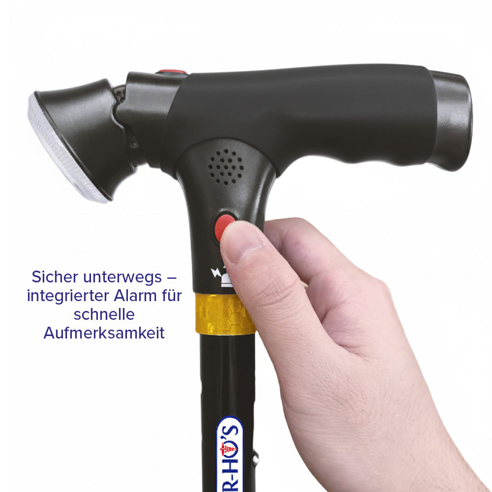 Integrierter Alarmknopf am Griff des DR-HO'S Get Up & Go Gehstocks